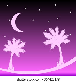 Palm tree at tropic night. Vector illustration.