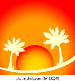 Palm tree at tropic sunset. Vector illustration.