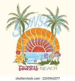 palm tree tropical beach with big sunset, tropical sunset. surf and beach. vintage beach print. tee graphic design