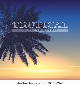 Palm tree at tropical coast. Silhouette of palm on sunset sky background. Summer evening. Vector template for banners, posters, flyers, invitations.