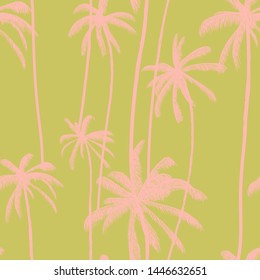 Palm tree, tropical coconuts seamless pattern  in pastel green colour. Silhouette hand drawn floral print. Swimwear design vector illustration.