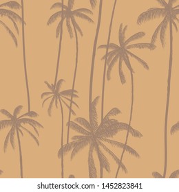 Palm tree, tropical coconuts seamless pattern  in brown color. Silhouette hand drawn floral print. Swimwear colored design. Vector illustration.