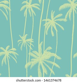 Palm tree, tropical coconuts seamless pattern  in pastel green colour. Beach hand drawn floral print. Swimwear design vector illustration.