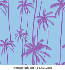 Palm tree, tropical coconuts seamless pattern  in blue colour. Jungle hand drawn floral print. Swimwear colored design. Vector illustration.