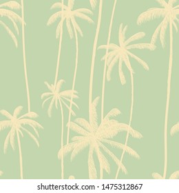Palm tree, tropical coconuts seamless pattern  in pastel green colour. Jungle hand drawn floral print. Swimwear design vector illustration.