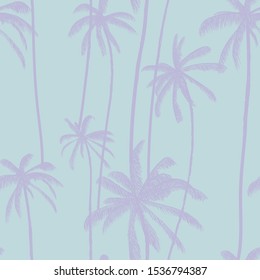 Palm tree, tropical coconuts seamless pattern  in blue colour. Summer hand drawn floral print. Swimwear colored design. Vector illustration.