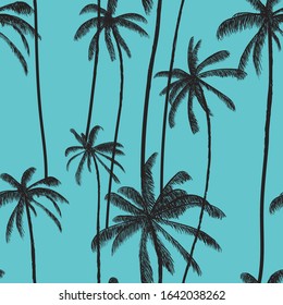 Palm tree, tropical coconuts seamless pattern  in blue colour. Beach hand drawn floral print. Swimwear colored design. Vector illustration.