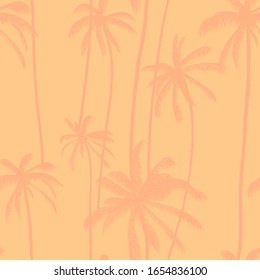 Palm tree, tropical coconuts seamless pattern  in pale pastel color. Silhouette hand drawn floral print. Swimwear design vector illustration.