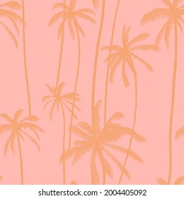 Palm tree, tropical coconuts seamless pattern  in pastel pink colour. Jungle hand drawn floral print. Swimwear design vector illustration.