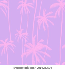 Palmeras, cocos tropicales sin fisuras en color púrpura pálido. Impresión floral de mano hawaiana. Ilustración vectorial de diseño de bañador.