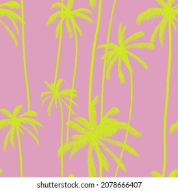 Palm tree, tropical coconuts seamless pattern  in pink colour. Exotic hand drawn floral print. Swimwear colored design. Vector illustration.