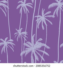 Palm tree, tropical coconuts seamless pattern  in purple color. Hawaiian hand drawn floral print. Swimwear colored design. Vector illustration.