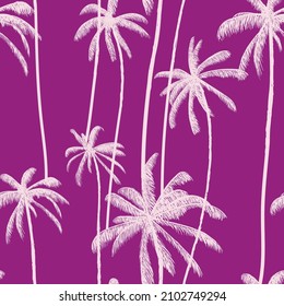 Palmeras, cocos tropicales sin fisuras en color púrpura. Impresión floral de mano hawaiana. Diseño de color bañador. Ilustración vectorial.
