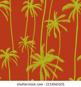Palm tree, tropical coconuts seamless pattern  in red colours. Jungle hand drawn floral print. Swimwear colored design. Vector illustration.