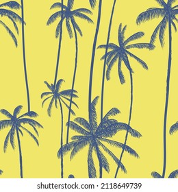 Palmeras, cocos tropicales patrón sin fisuras Impresión floral de verano dibujada a mano. Diseño de color bañador. Ilustración vectorial.