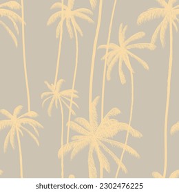 Palm tree, tropical coconuts seamless pattern  in pale pastel color. Jungle hand drawn floral print. Swimwear design vector illustration.