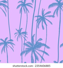 Palm tree, tropical coconuts seamless pattern  in pink colour. Silhouette hand drawn floral print. Swimwear colored design. Vector illustration.