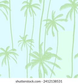 Palm tree, tropical coconuts seamless pattern  in blue colour. Summer hand drawn floral print. Swimwear colored design. Vector illustration.