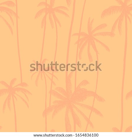 Palm tree, tropical coconuts seamless pattern  in pale pastel color. Silhouette hand drawn floral print. Swimwear design vector illustration.