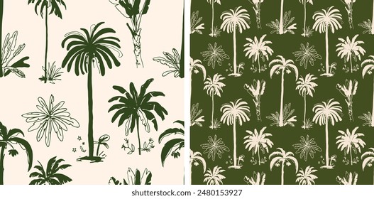 Árbol de palmera verde tropical sin costura patrón de Vector dibujado a mano ilustración botánica boho