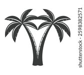 Palm tree, tropical icon, black and white sketch, simple line drawing, stylized leaves, thin trunk, beach symbol, minimalist design, graphic illustration, vacation motif, symmetrical fronds