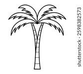 Palm tree, tropical icon, black and white sketch, simple line drawing, stylized leaves, thin trunk, beach symbol, minimalist design, graphic illustration, vacation motif, symmetrical fronds