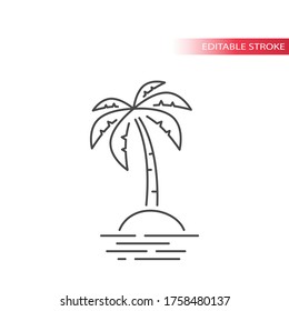 Palm tree and tropical island in the ocean thin line icon. Outline, editable stroke vector.