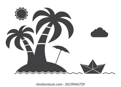 palm tree tropical island with paper boat ship on sea waves icon