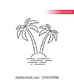 Palm Tree And Tropical Island In The Sea Simple Thin Line Icon. Outline, Editable Stroke Vector.