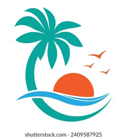 Palm tree tropical island with sea wave, sun and birds emblem icon