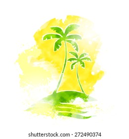 Palm Tree Tropical Island Water Grunge Color Summer Vacation Vintage Vector Illustration 