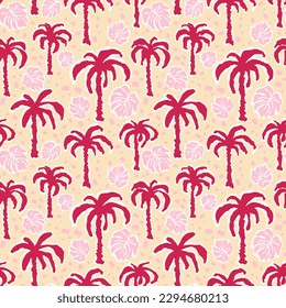 Palm Tree and Tropical Leaves Magenta Color Vector Repeat Seamless Pattern Design Illustration