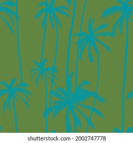 Palm tree, tropical leaves seamless pattern  in green colour. Cute hand drawn colored texture. Vector illustration for swimwear textiles.