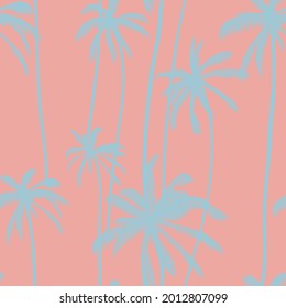 Palm tree, tropical leaves seamless pattern  in pastel pink colour. Hawaiian hand drawn texture. Vector illustration for swimwear textiles.