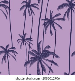 Palm tree, tropical leaves seamless pattern  in purple color. Exotic hand drawn colored texture. Vector illustration for swimwear textiles.