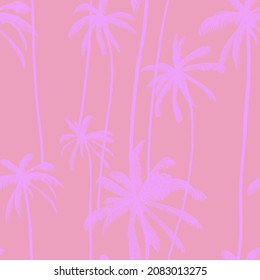 Palm tree, tropical leaves seamless pattern  in pink colour. Hawaiian hand drawn colored texture. Vector illustration for swimwear textiles.