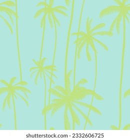 Palm tree, tropical leaves seamless pattern  in blue colour. Jungle hand drawn colored texture. Vector illustration for swimwear textiles.