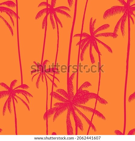 Palm tree, tropical leaves seamless pattern  in orange color. Hawaiian hand drawn colored texture. Vector illustration for swimwear textiles.