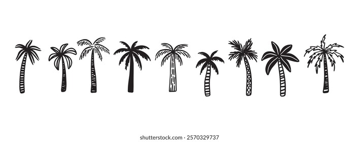 Palm tree tropical nature, vegetation doodle hand drawn icon set. Outline drawing palm tree tropical nature, vegetation line clipart symbol collection. Vector illustration