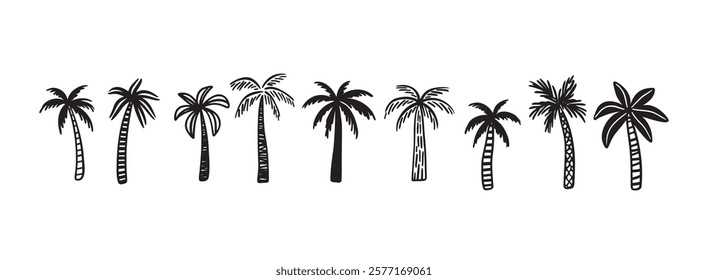 Palm tree tropical nature, vegetation doodle hand drawn icon set. Outline drawing palm tree tropical nature, vegetation line clipart symbol collection. Vector illustration