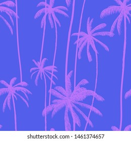 Palm tree, tropical neon coconuts seamless pattern. Stylish blue hand drawn floral print. Swimwear design vector illustration.
