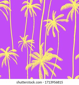 Palm tree, tropical neon coconuts seamless pattern. Tropic magenta purple hand drawn floral print. Swimwear design vector illustration.