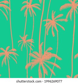 Palmeras, neones tropicales de color sin costura. Impresión floral de creativa menta verde a mano dibujada a mano. Ilustración vectorial de diseño de bañador.