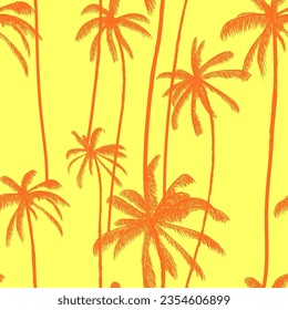 Palm tree, tropical neon coconuts seamless pattern. Colored orange hand drawn floral print. Swimwear design vector illustration.