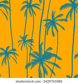 Palmera, cocos de neón tropical patrón sin fisuras. Estampado floral dibujado a mano en oro de neón. Ilustración vectorial de diseño de traje de baño.