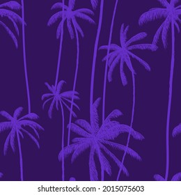 Palm tree, tropical neon leaves seamless pattern. Fantastic purple hand drawn texture. Vector illustration for swimwear textiles.