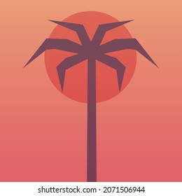 Árbol de palma en colores de puesta de sol tropical, ilustración vectorial vintage minimalista