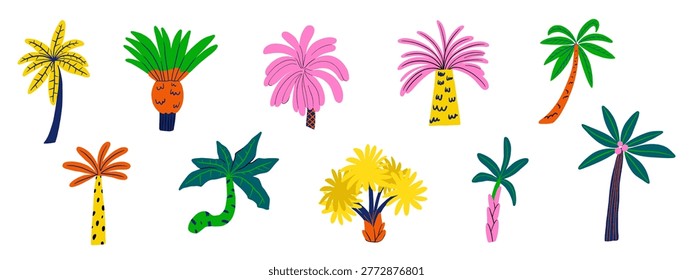 Palm tree. Tropical trees in a childish style. A tree at a Hawaiian resort with exotic leaves, coconut, banana, trunk, and fruit. Summer jungle plants on an island paradise.