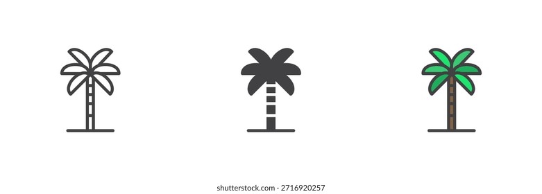 Palmera con tronco y hojas icono en línea, sólido y lleno de estilo colorido de contorno. Icono de árbol tropical dos veces como signo de Vector, símbolo, paquete de color.