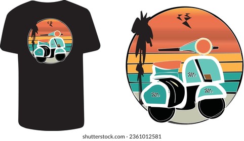 Palm tree t-shirt design on black background of a vintage scooter parked on the beach,